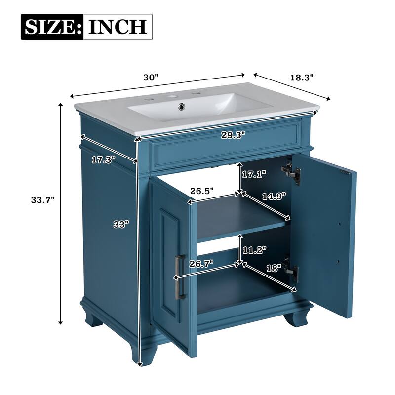 30 Inch Bathroom Vanity with Resin Sink - Freestanding Vanity with Storage Shelf and Solid Wood Frame