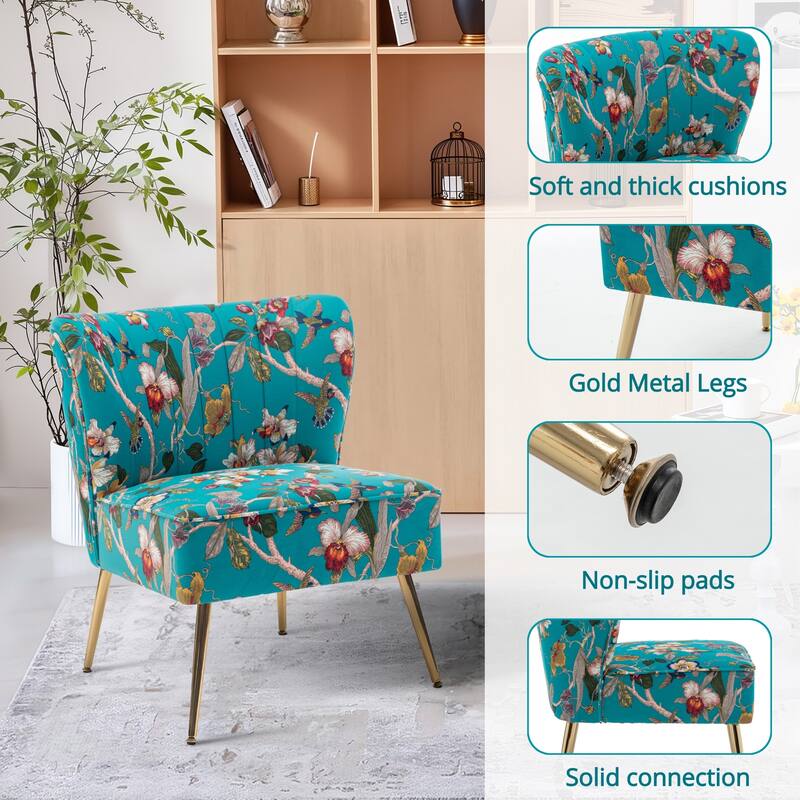 Velvet Floral Accent Chair with Gold Legs, Modern Comfy Tufted Side Chair for Living Room/Bedroom