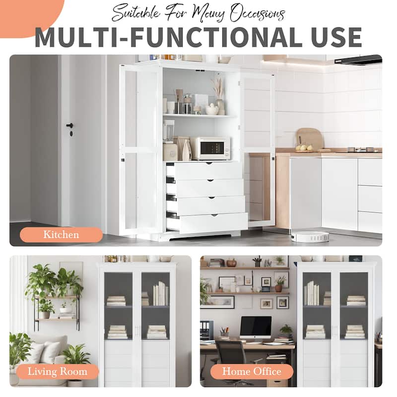 44.7" Kitchen Pantry Cabinet with Glass Doors - Storage Cabinet with 4 Built-In Drawers - Display Cabinet for Living Room
