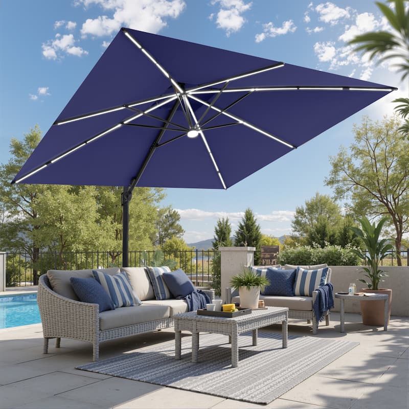 11 double layer patio umbrella 11 ft Square Outdoor Patio Cantilever Umbrella with Solar Lights 4-Piece Premium Base Double Canopy 360 Rotation Tilt