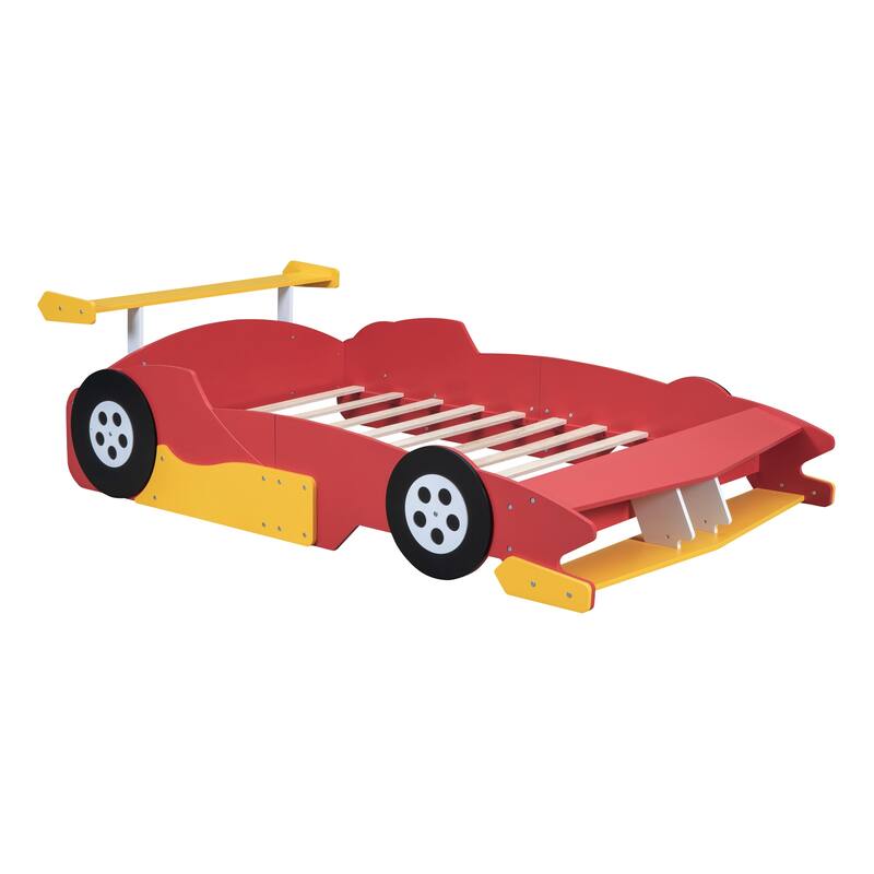 Full-Size Red Race Car Bed with Safety Rails and Functional Design