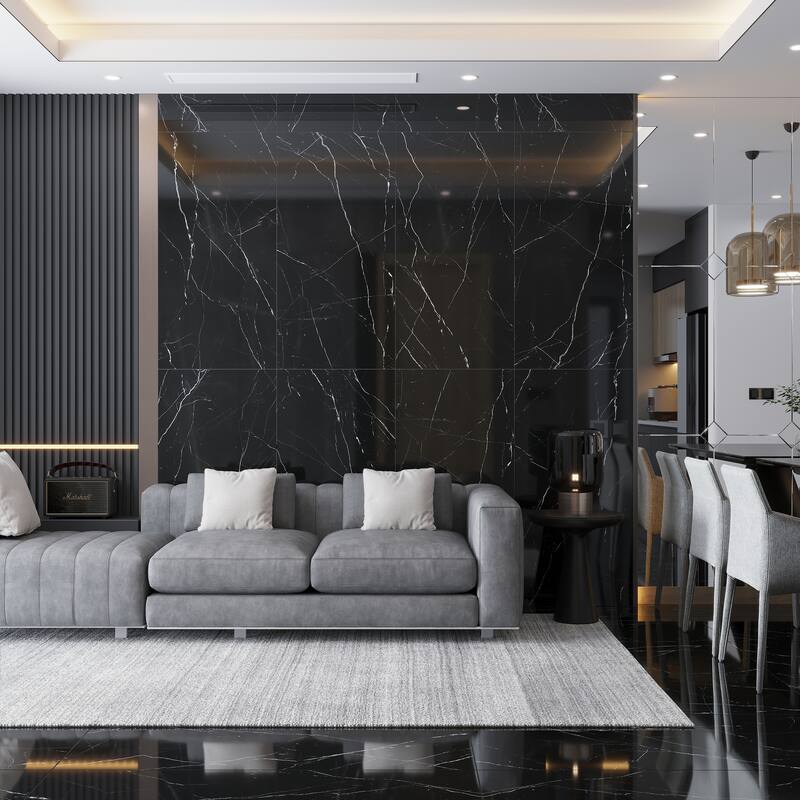 Veneto 23.6 in. x 47.2 in. Polished Black Marquina Porcelain Rectangle Wall and Floor Tile (15.5 sq ft/case) - 2 Sheets