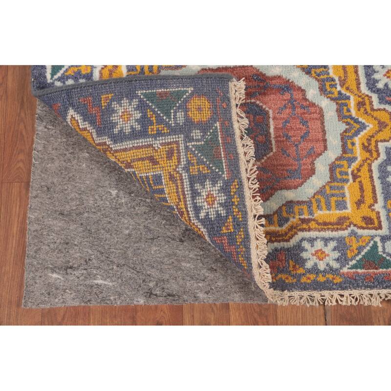 Geometric Blue Kazak Runner Rug Hand-Knotted Wool Carpet - 2'7"x 7'11"