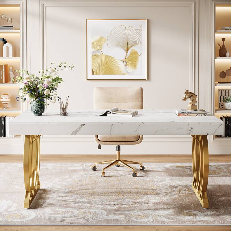 63'' Executive Desk, Modern Office Desk White and Gold Computer Desk