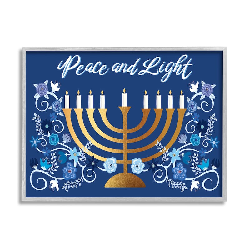 Stupell Peace & Light Floral Hanukkah Menorah Framed Giclee Art by Darlene Seale - 14 x 11 - Grey