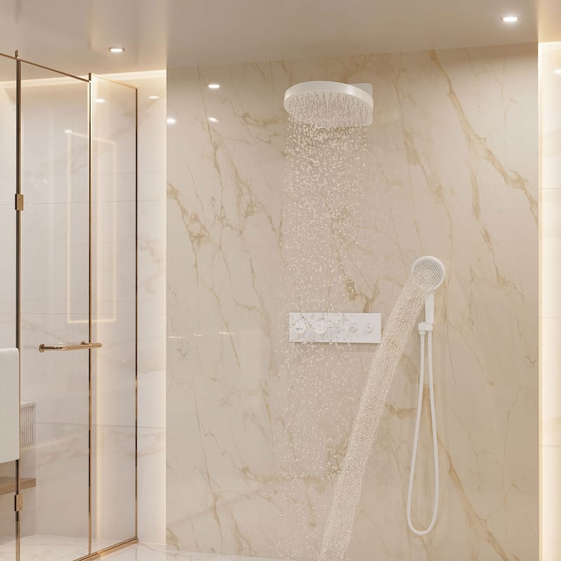 Luxury Thermostatic Shower System 5-Spray Patterns 16" Round Wall Mount Fixed and Handheld Shower Head - 15.7" x 15.7" - Matte White