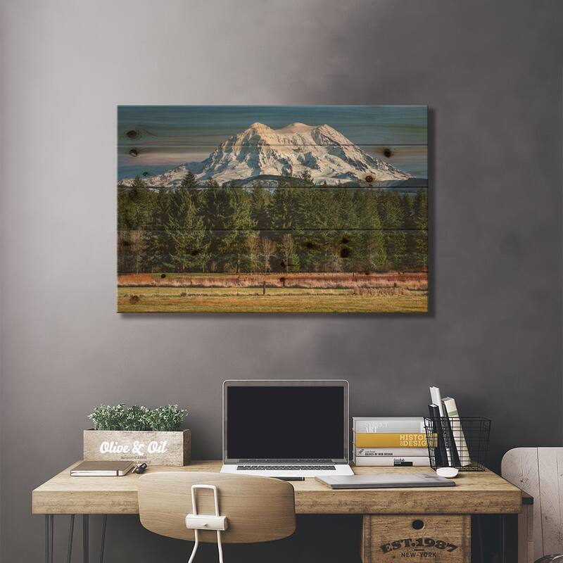 Mt Rainier Winter Of 2020 Print On Wood by Louis Ruth - Multi-Color
