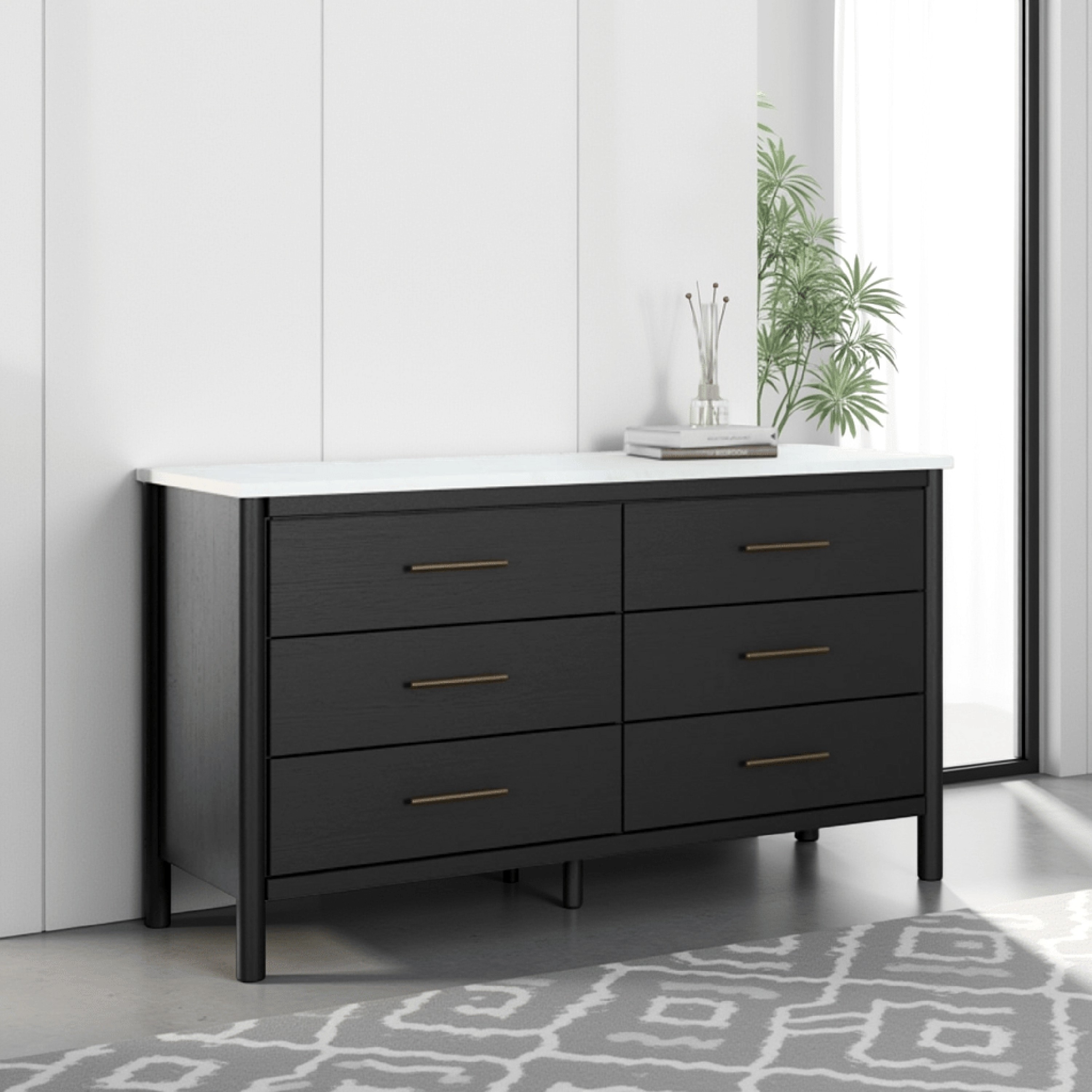 Mooran Wide Dresser, 6 Drawers, Marble Finish Top, Black Laminate