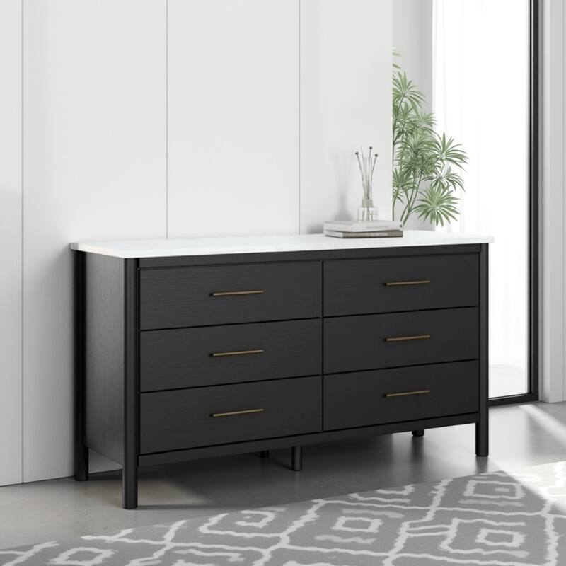 Mooran Wide Dresser, 6 Drawers, Marble Finish Top, Black Laminate
