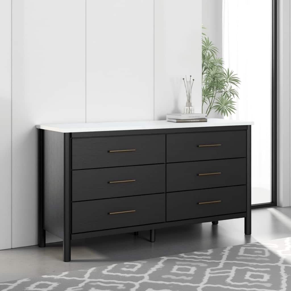 Mooran Wide Dresser, 6 Drawers, Marble Finish Top, Black Laminate