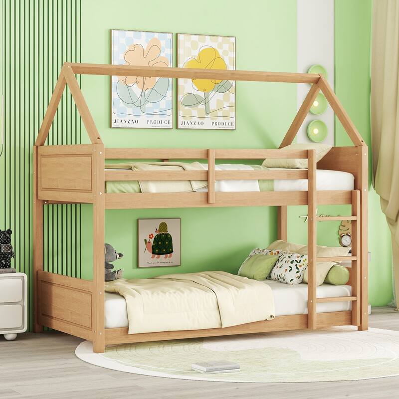 Twin Over Twin House Floor Bunk Bed with Headboards, Footboards, Guardrails, and Ladder, White Oak