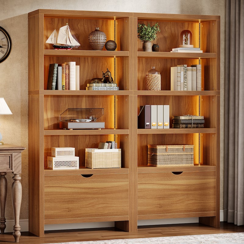 70.9" Tall Bookcase with File Drawer, 5-Tier Bookshelf with LED Lights