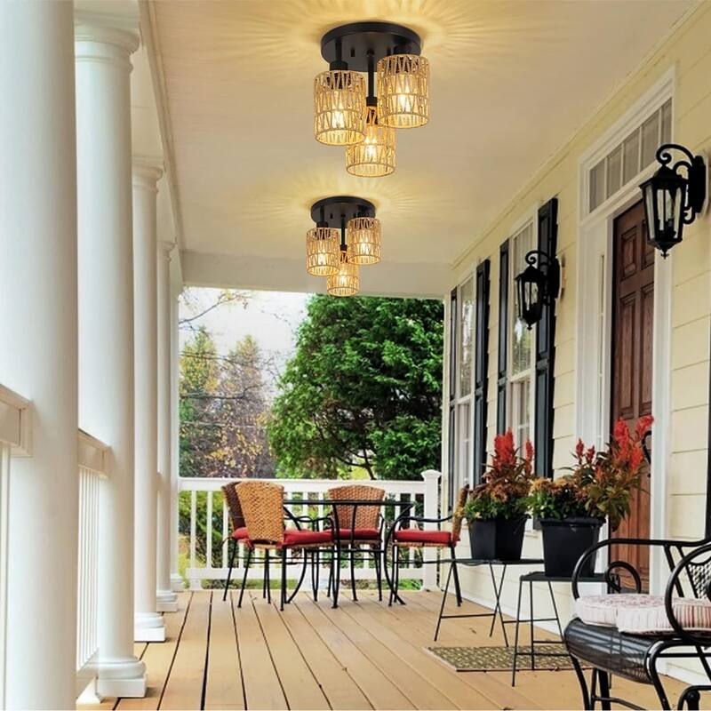 3-Lights Farmhouse Rattan Flush Mount Ceiling Lights - brown
