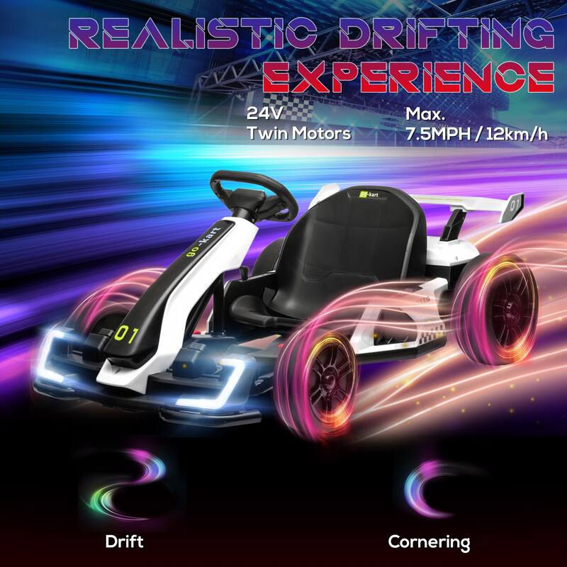 24V Drifting Go Kart for Kids, 7.5 MPH Ride-On Toy with Adjustable Seat, Music, Horn, & LED Lights for 6-12 Year Olds