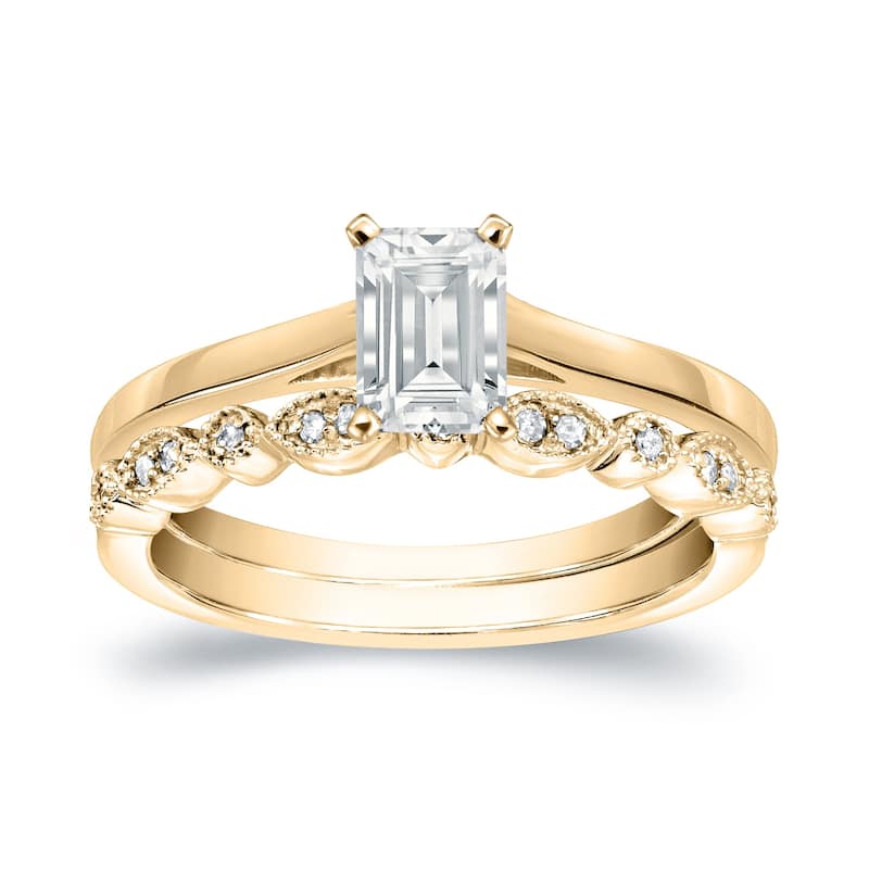 Auriya 14k Gold 1/2ctw Vintage Emerald-cut Solitaire Diamond Engagement Ring Set - Yellow - 4.5