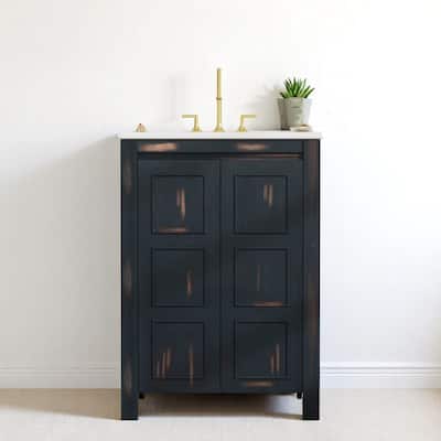 24" Vintage Bathroom Vanity with Ceramic Sink, 2 Soft-Close Doors, Adjustable Shelf, Solid Wood Frame