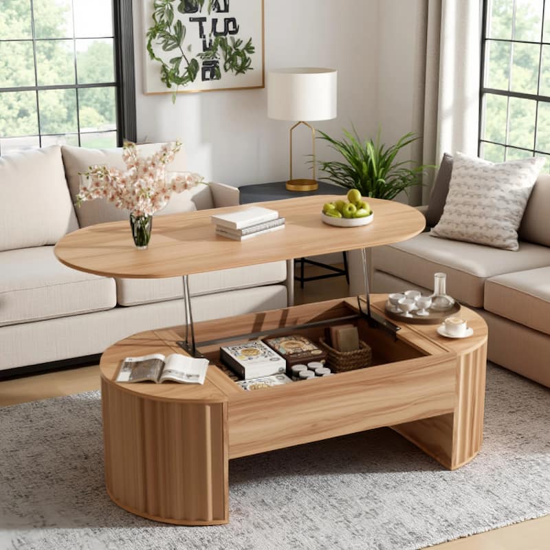 Wood Lift Top Coffee Table with Hidden Storage, 47" Oval Lift Table Top wavy grooves Design Conversation Table