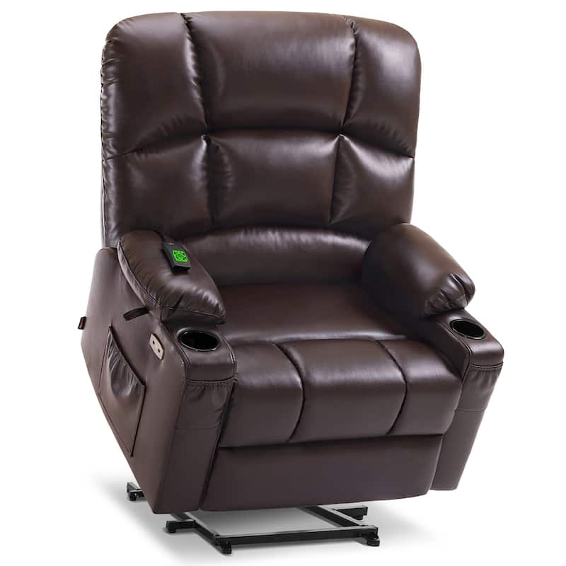 MCombo Large-Wide Lay Flat Dual Motor Power Lift Recliner Chair Sofa with Massage and Heat, Faux Leather R7688 - Dark Brown