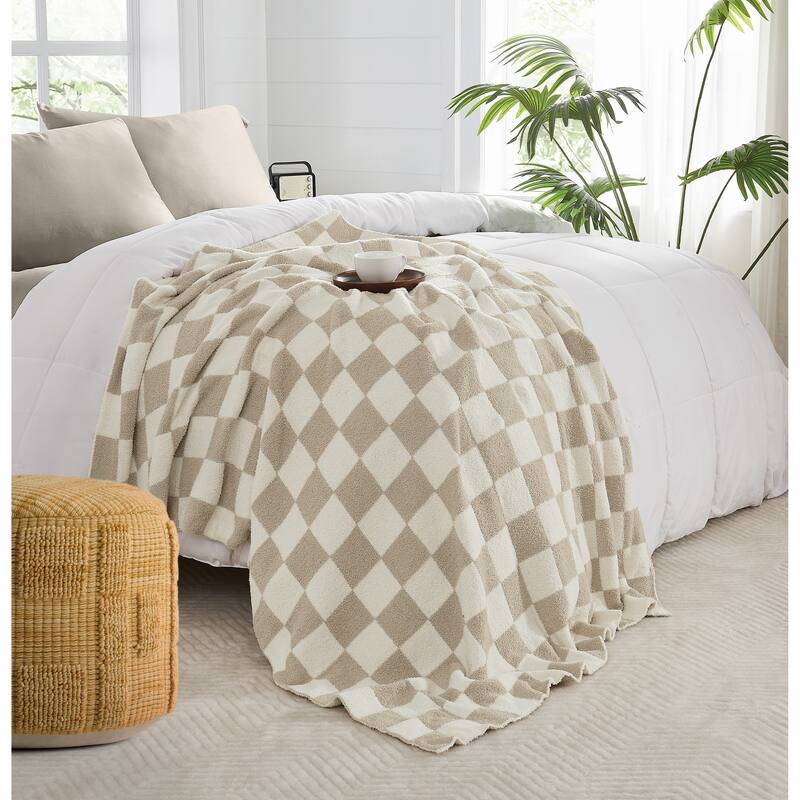 Truly Soft Cozy Checkerboard Reversible 50x70 Throw - Beige