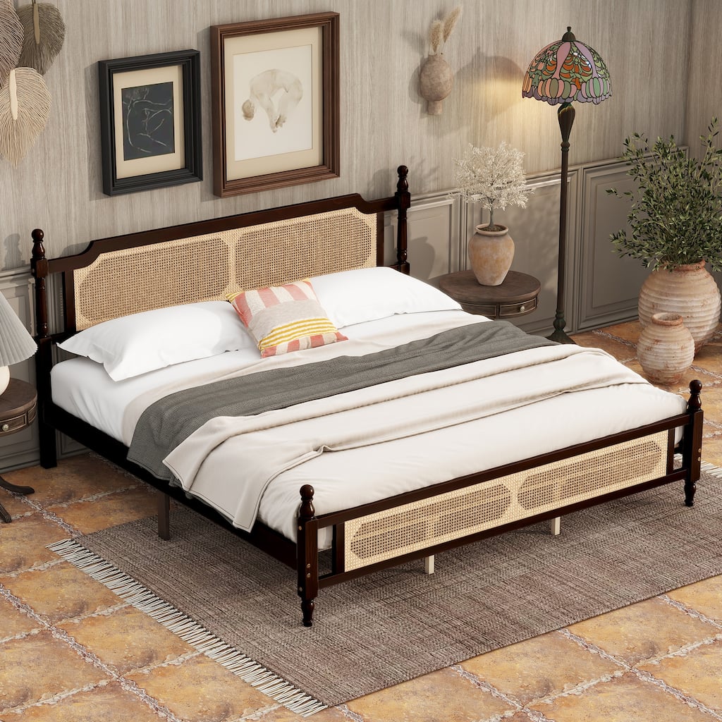 King Pine Wood Bed with Rattan Headboard & Footboard, Spherical Bedposts, Espresso
