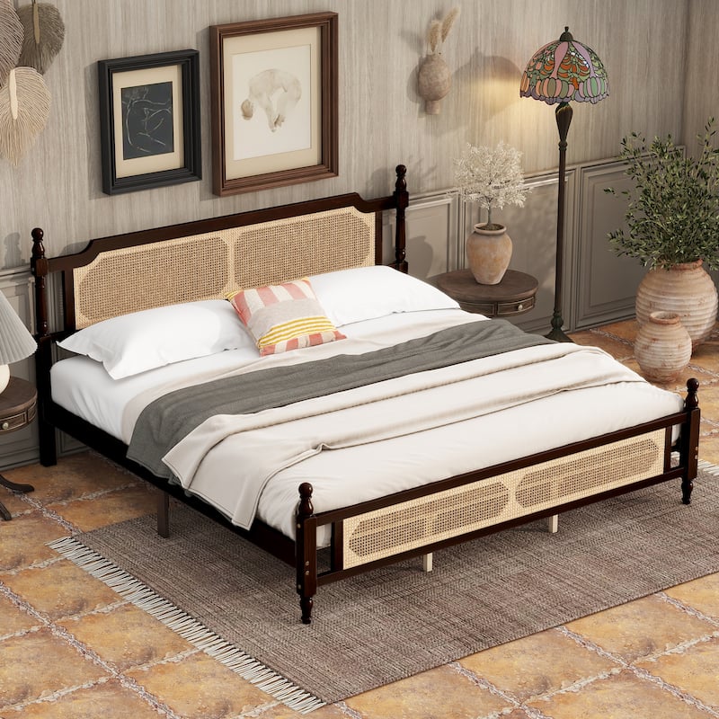 King Size Wooden Bed with Rattan Headboard and Footboard, Central Enhanced Platform, Espresso