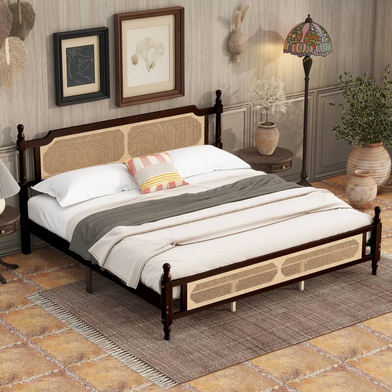 Pine wooden Bed with Rattan Headboard