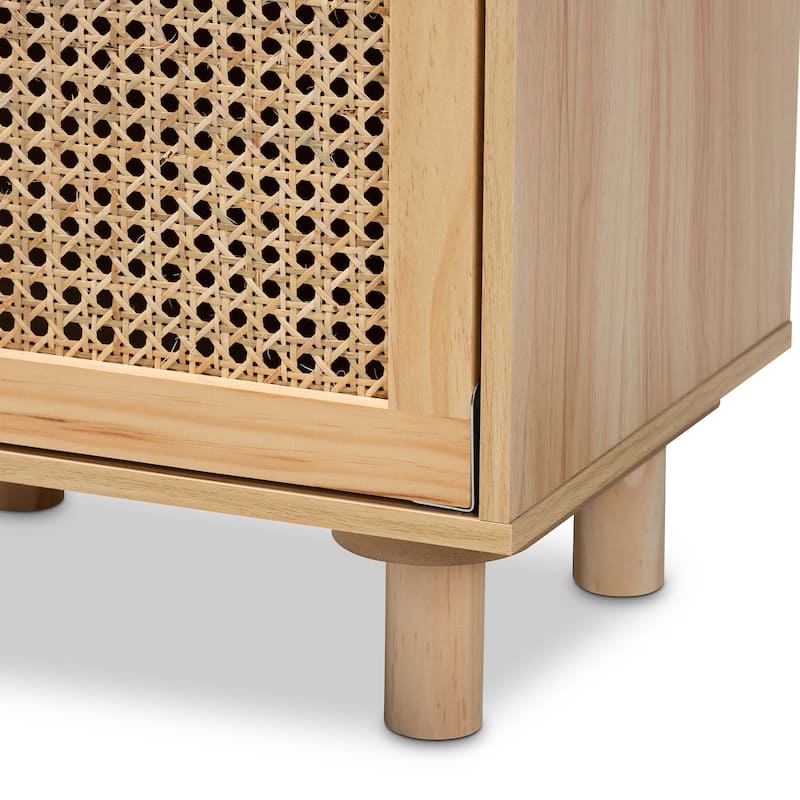 Baxton Studio Maclean Mid-Century Modern Rattan and Natural Brown Finished Wood 1-Door End Table