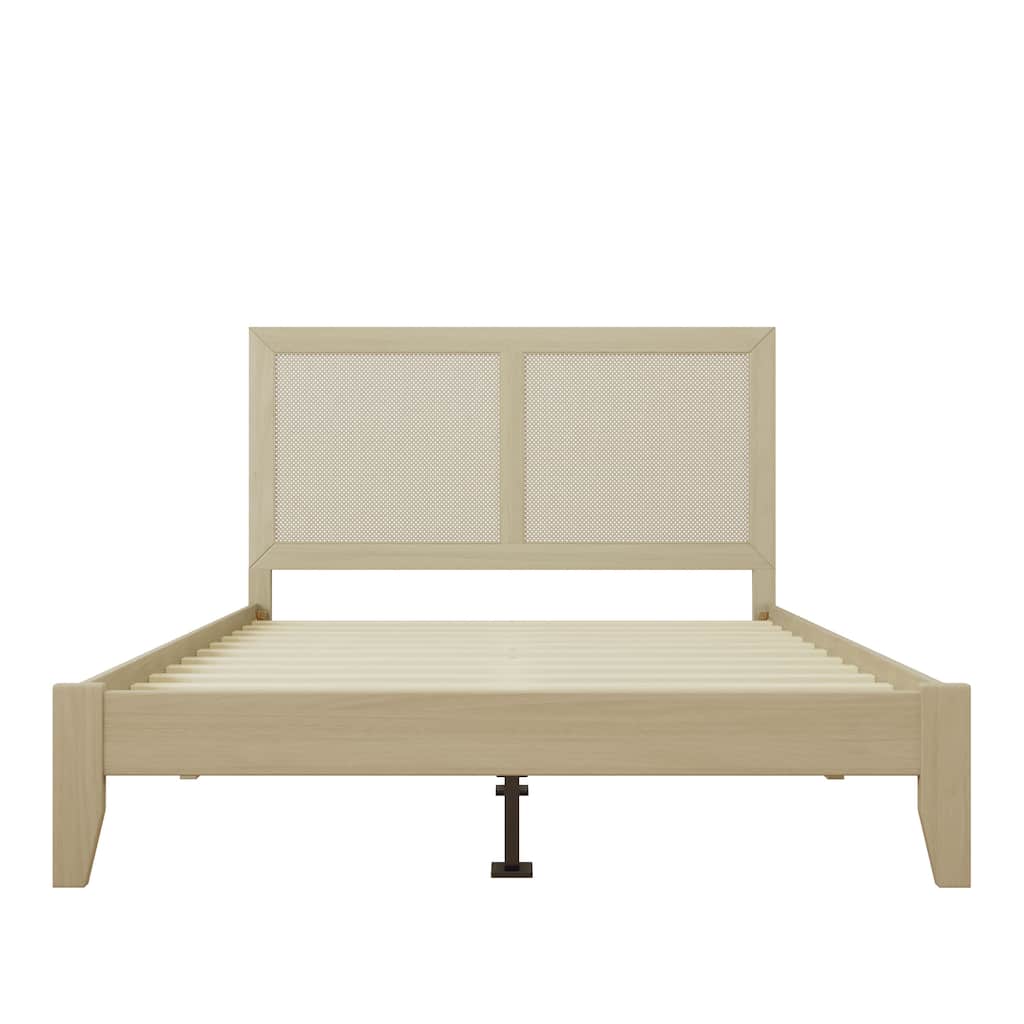 Solid Wood Platform Bed, Queen/King Bed Frame with Rattan Headboard