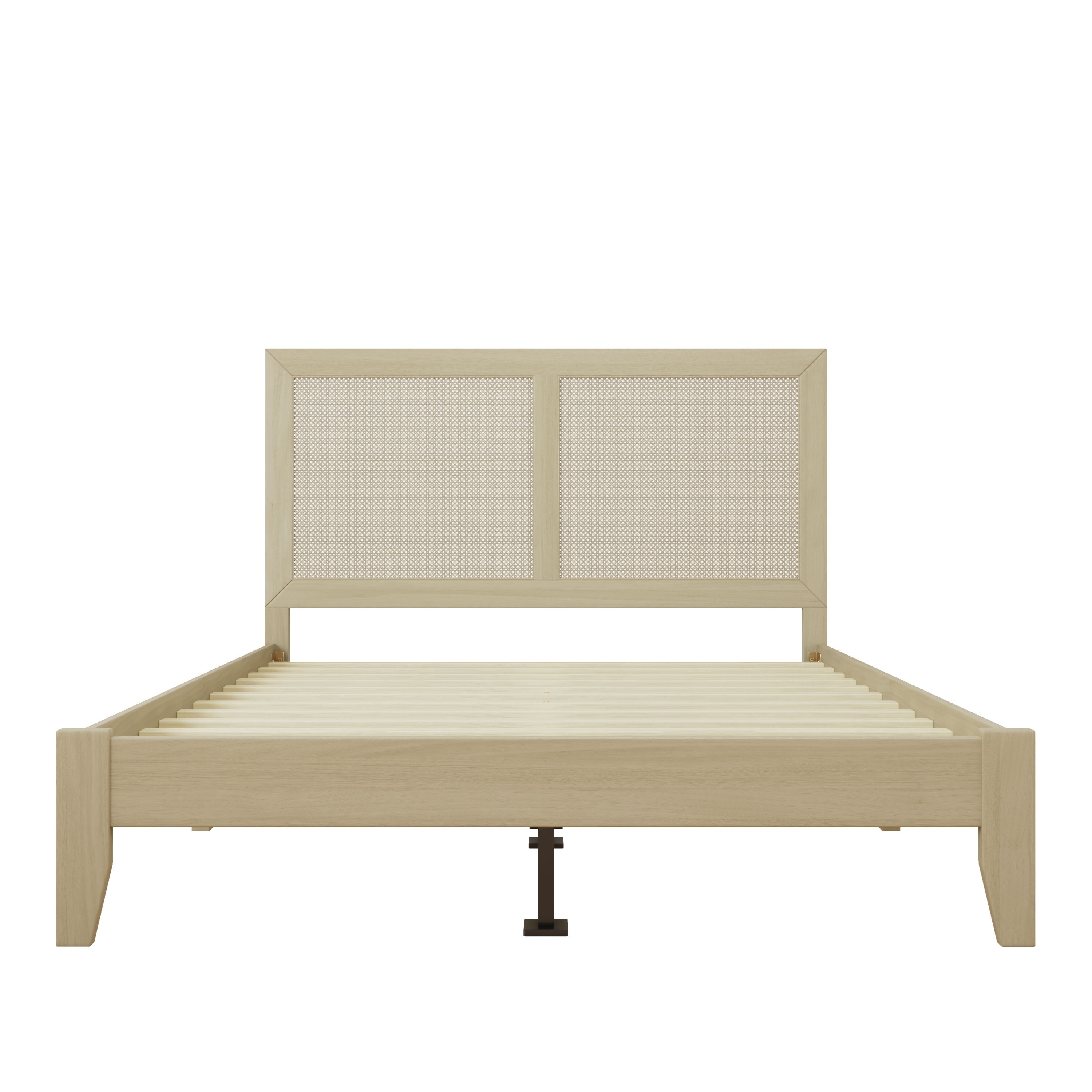 Solid Wood Platform Bed, Queen/King Bed Frame with Rattan Headboard