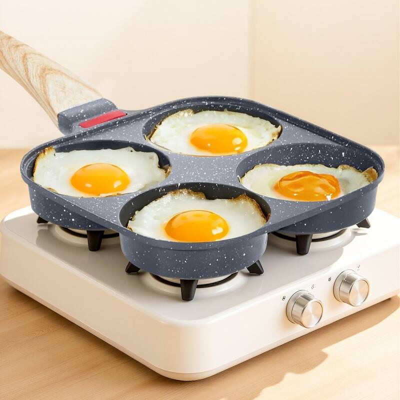 Black Aluminum Egg Pan 4-Hole with Maifan Stone Coating and Lid - 14.69 x 7.48 x 2.09 in