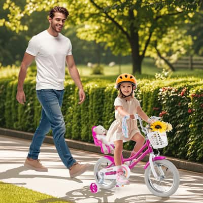 Kids Bike for Girls with Basket and Adjustable Doll Seat Dual Brakes Removable Training Wheel