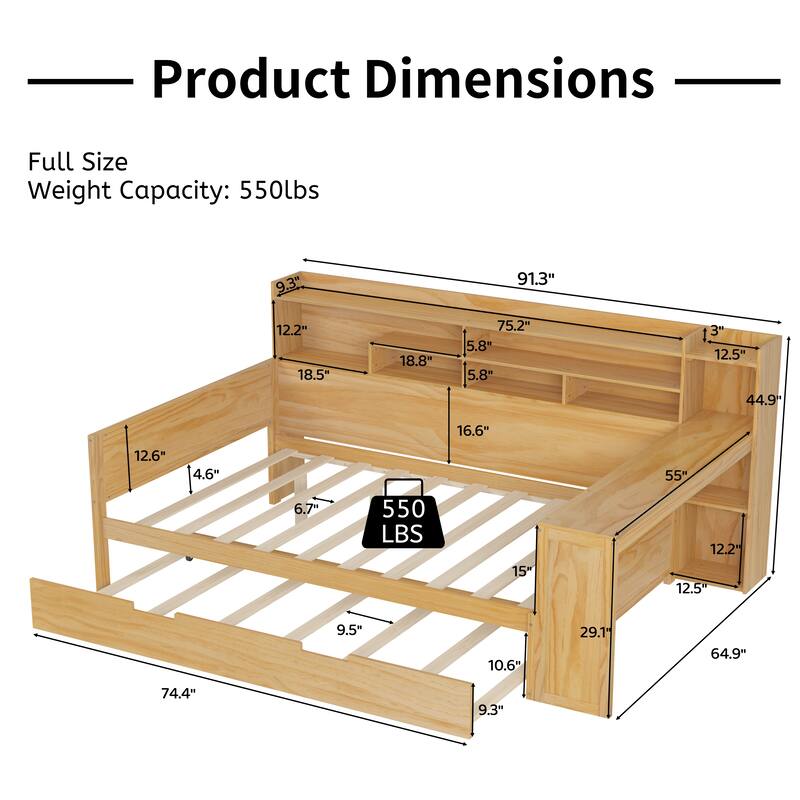 Full Size Daybed with Storage Shelves, Multi-Functional Bed with Twin Trundle and Built-In Study Desk, Space-Saving Design
