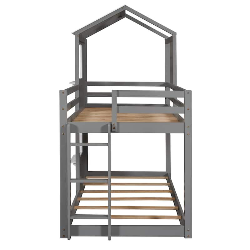 Grey Twin over Twin Solid Wood Bunk Bed with Roof, Window, Guardrail, and Ladder