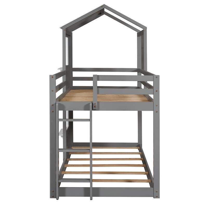 White Twin Over Twin Wood Bunk Bed with Roof, Window, Guardrail, and Ladder