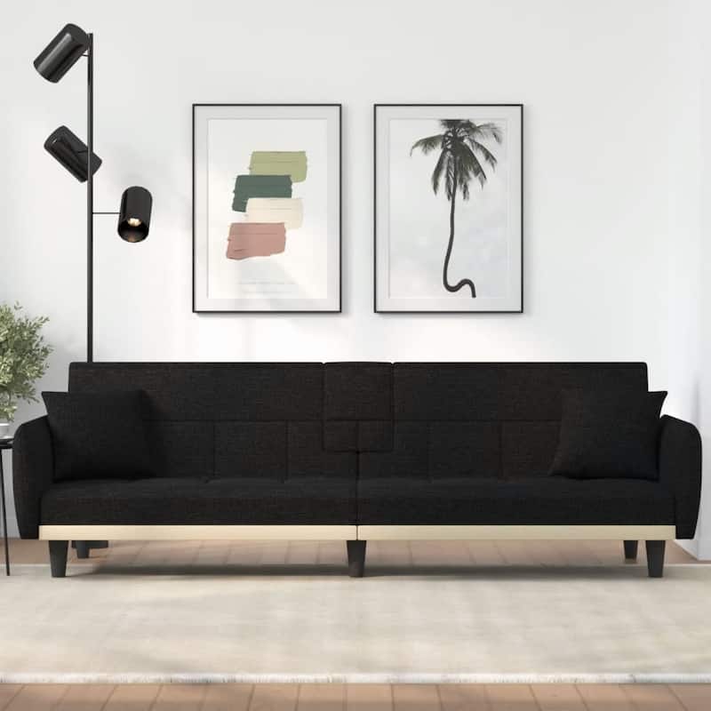 vidaXL Sofa Bed with Cup Holders Black Fabric - 86.6" x 35" x 27.6"