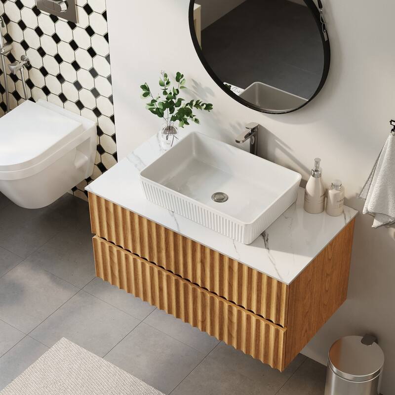 35.43" Floading Single Bathroom Vanities, With 2 Drawers, Glossy Sintered Stone Top, Light Wood