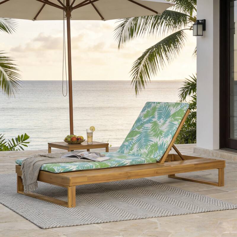 Christopher Knight Home - Modern Outdoor Acacia Wood Chaise Lounge with 4-Position Adjustable Backrest & 2-Fold Cushion - Teak Finish+Leaf coconut