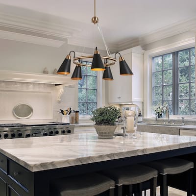 Modern 5-Light Black Gold Chandelier Wagon Wheel Pendant Lights with Metal Shades - 23.5"L x 33.5"H