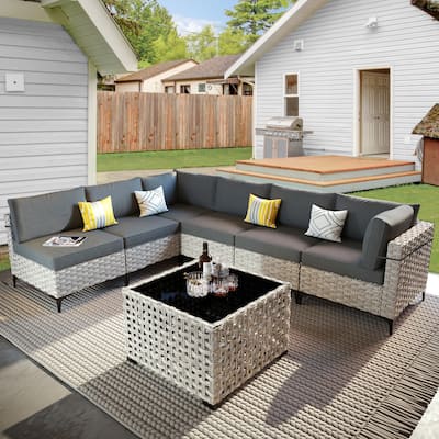 OVIOS 7 Pieces Outdoor Wicker Furniture Set With Solar-Powered Coffee Table