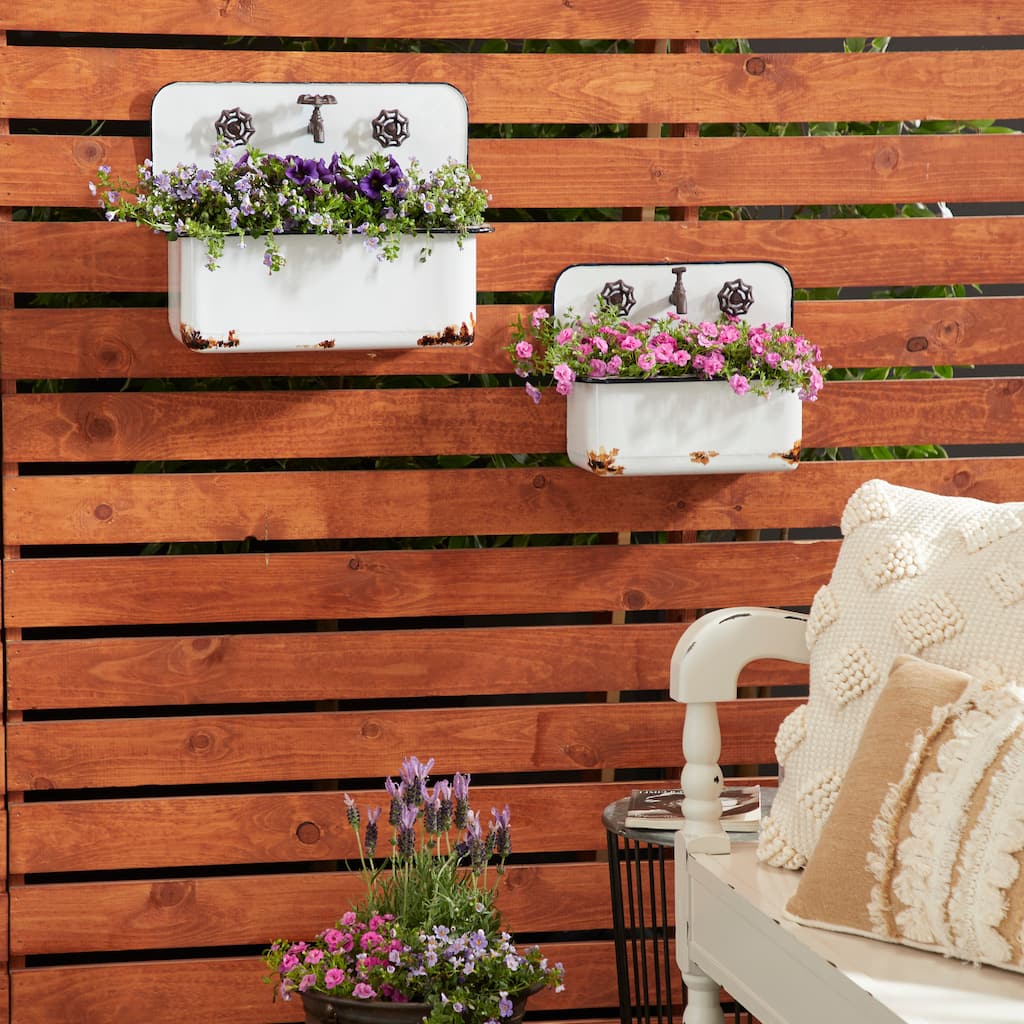 White Metal Indoor Outdoor Sink Indoor Outdoor Wall Planter with Bronze Hardware and Distressed Accents (Set of 2)