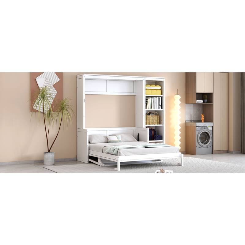 Space-Saving Full Size Murphy Bed with Integrated Desk and Bookshelf in White