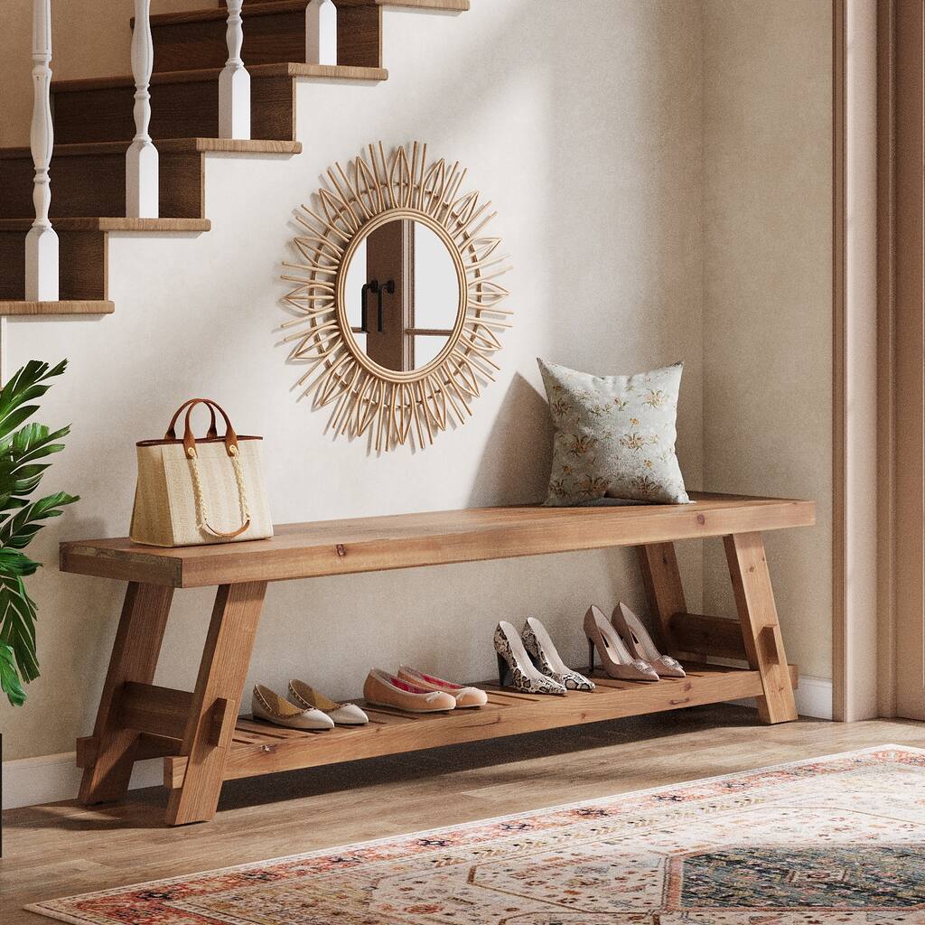 2 Tier Solid Wood Shoe Rack Bench for Entryway, 63 Inch Long Narrow Entryway Bench with Storage Shelf