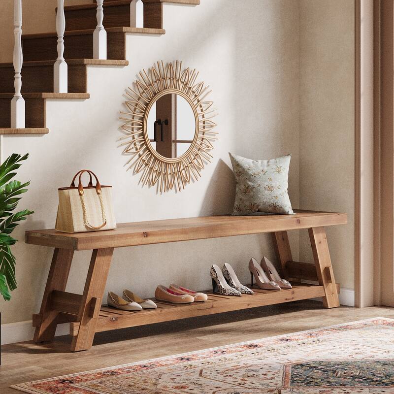2 Tier Solid Wood Shoe Rack Bench for Entryway - 62.99" L x 13.78" W x 17.72" H