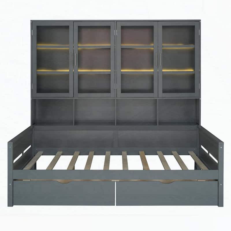Wooden Daybed with Glass-Door Storage Cabinets and Built-in LED Lighting