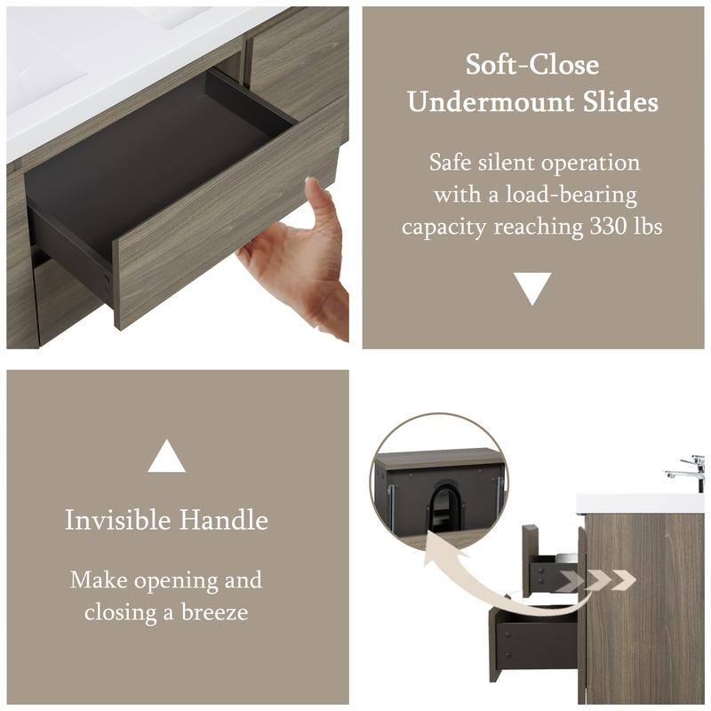 ABRUZZO 60" Floating Bathroom Double Vanity with Integrated Resin Top 2 Basins 2 Cabinets 2 Soft Close Drawers Full Assembly