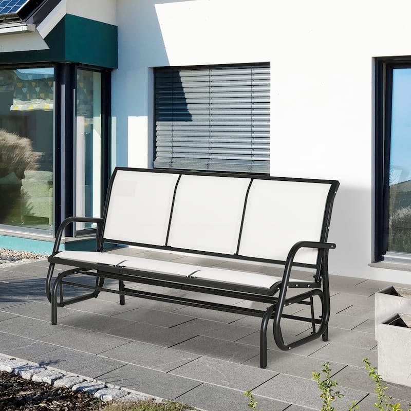 Outsunny 3-Person Patio Glider Bench, Outdoor Porch Glider Swing with 3 Seats, Breathable Mesh Fabric, Metal Frame, Cream White - White