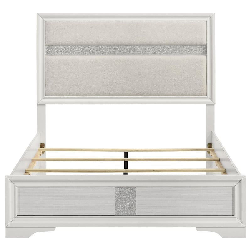Vino Queen Size Bed, Panel Headboard White Upholstery, Glitter Stripe