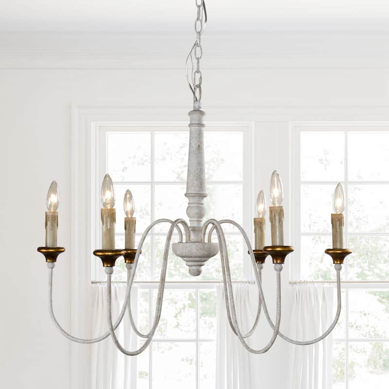 6-Light White Mid-Century Modern Dry rated Chandelier - 30.7 inches Lx 30.7 inches W x 25.2 inches H