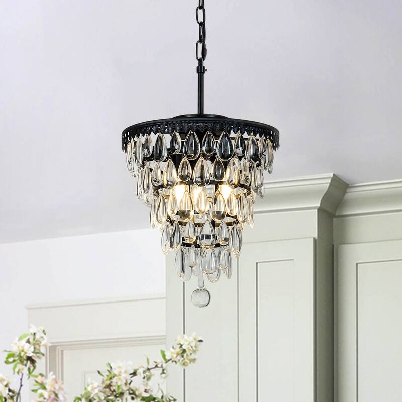 3 Light Glam Crystal Tier Pendant Chandelier - Matte Black
