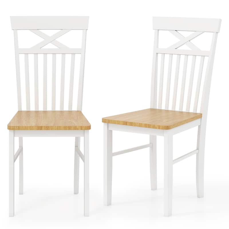 Set of 2 Rubber Wood Dining Chairs with Curved Slatted Backrest and Natural White Finish for Kitchen - Natural-White